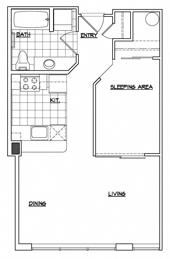 Floor plan for 1 bed, 1 bath, 623 sqft